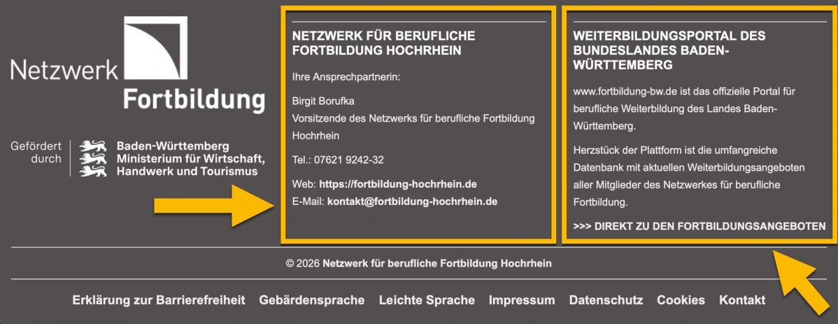 Bildschirmfoto von der Fuß-Zeile auf der Startseite. Die Kontakt-Daten in der Fuß-Zeile sind mit einem orangenen Rahmen markiert. Ein Pfeil zeigt darauf.