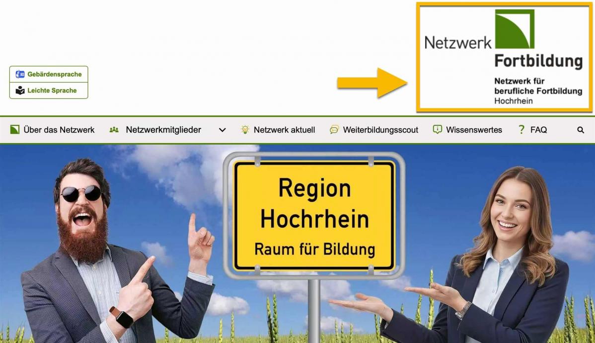Bildschirmfoto von der Startseite. Das Logo ist mit einem orangenen Rahmen markiert. Ein Pfeil zeigt darauf.