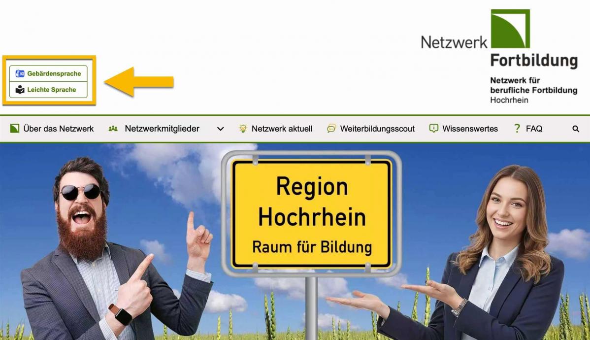 Bildschirmfoto von der Startseite. Das Feld mit Gebärden-Sprache und Leichter Sprache ist mit einem orangenen Rahmen markiert. Ein Pfeil zeigt darauf.