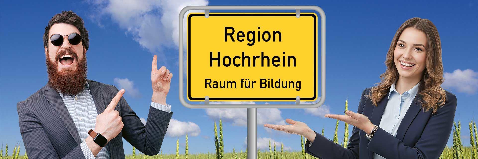 Mann und Frau zeigen auf Ortsschild Region Hochrhein - Raum für Bildung
