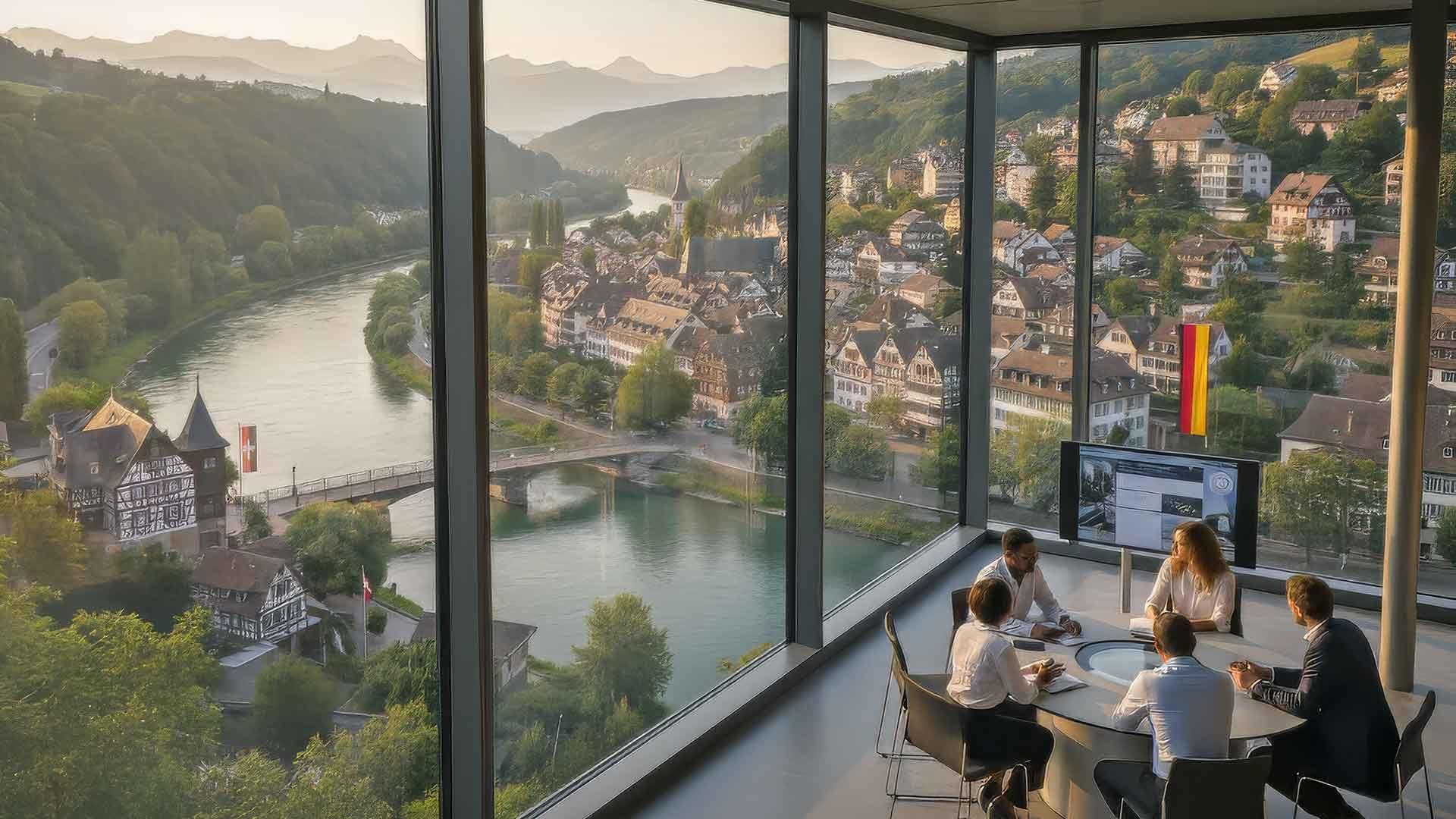 Bild zeigt ein modernes Büro mit dem Rhein im Hintergrund als Bildungstrends Metapher