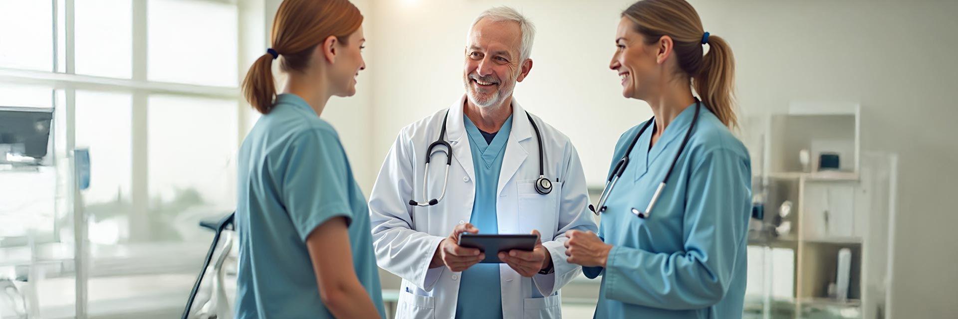 Bild zeigt einen digital kompetenten Arzt der Kolleginnen Befund am Tablet erklärt