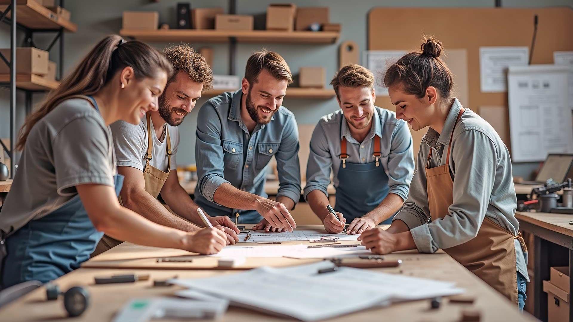 Bild zeigt freundliche Gruppe Mitarbeitende an einem Projekt als Symbol guter Mitarbeiterbindung