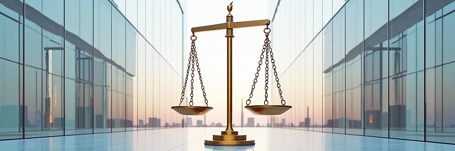 Bild zeigt eine neutrale Waage vor modernem Gebäude als Symbol für Fairness in der Unternehmenskultur