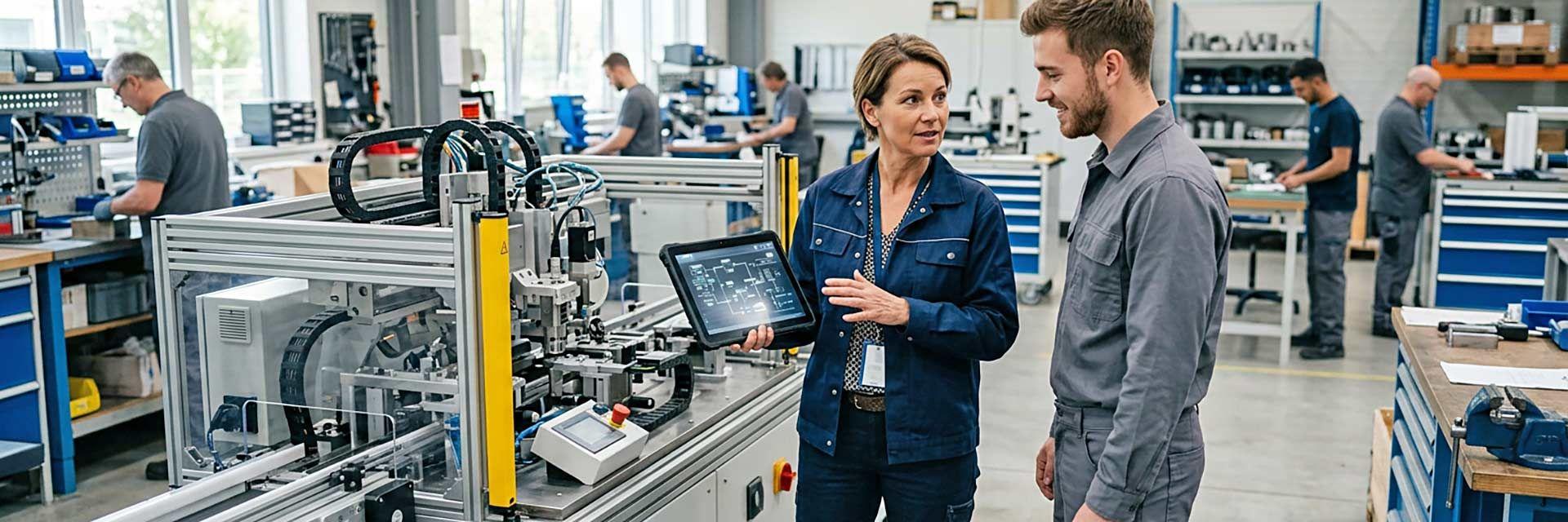 Erfahrene Fachkraft in der Produktion mit digitalem Tablet – Hybridqualifikation als Schlüssel zu Berufen mit Zukunft