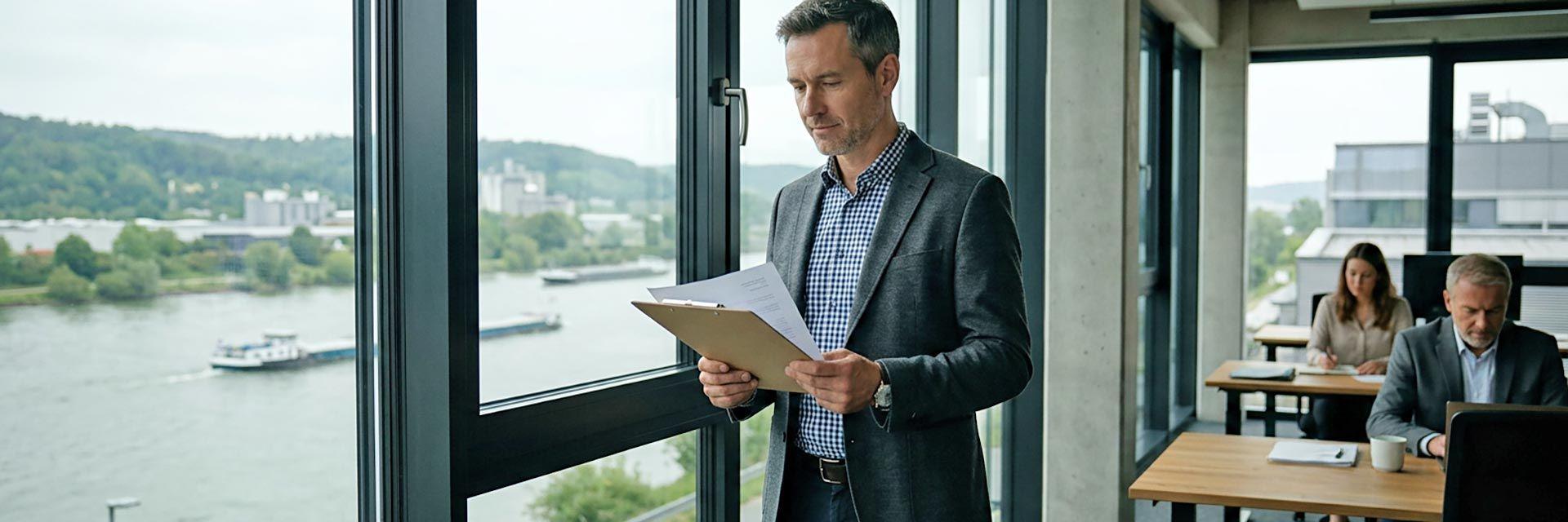 Mann am Fenster mit Berwerbungsunterlagen