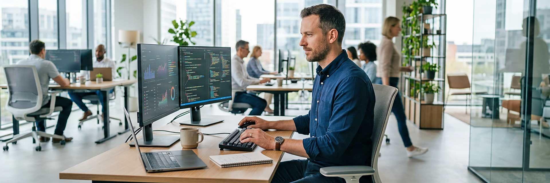 Mann an PC-Arbeitsplatz nach Weiterbildung