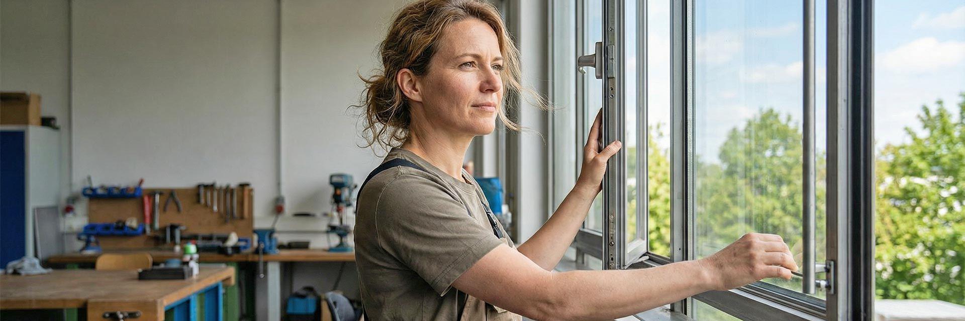Fachfrau in der Werkstatt öffnet Fenster – Frühjahrscheck am Hochrhein
