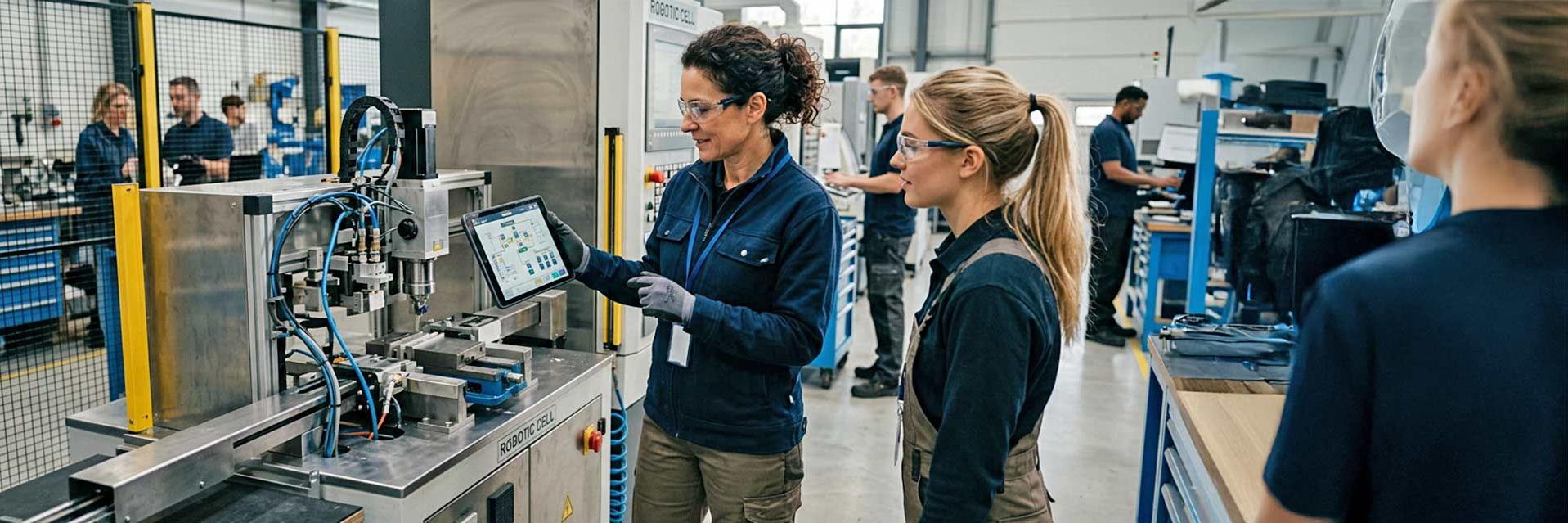 Zwei Frauen am Tablet in Industriehalle. Weiterbildung für den Quereinstieg.
