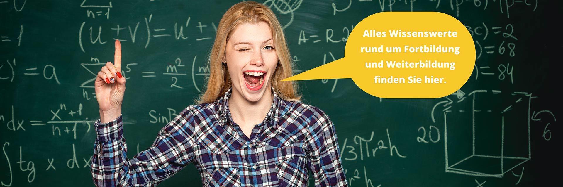 Bild zeigt eine Frau mit Sprechblase Wissenswertes rund um Fortbildung und Weiterbildung